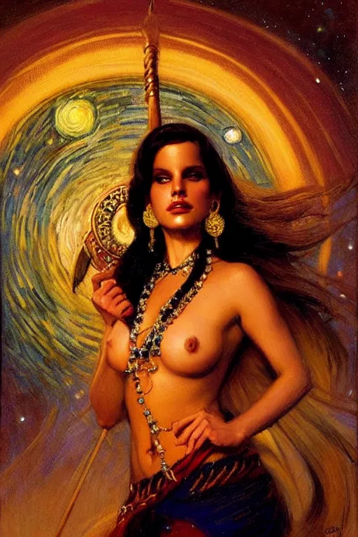 Image similar to attractive lana del rey as a shiva playing pinao, starry night, painting by gaston bussiere, craig mullins, j. c. leyendecker