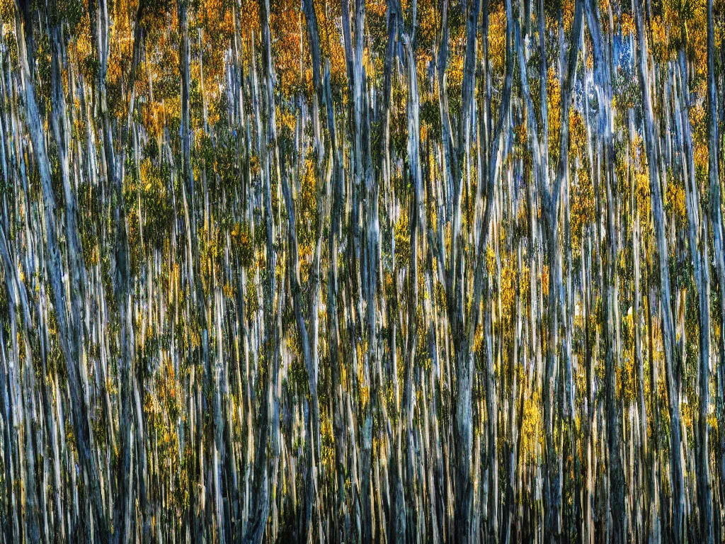 Image similar to double exposure photograph of tens of eucalyptus trees, flash exposure, autumn, in the style of edward steichen and pollock, sony ar 7 ii