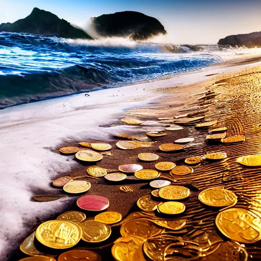 Prompt: a Sea made of shiny coins and dollars, waves of coins washing at the beach, 4k, high resolution, beatiful landscale