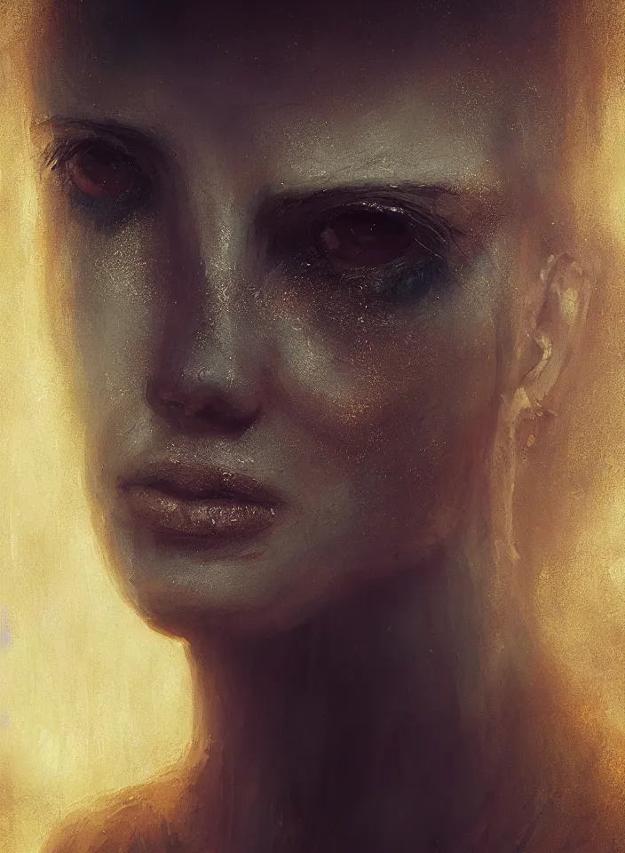 Prompt: a closeup portrait of creature that invokes fear, d & d, fantasy setting, ancient egypt environment, serene colors, soft lighting, atmospheric, cinematic, moody, in the style of diego koi, gina heyer, luiz escanuela, art by alyssa monk, depth, hyperrealism, rule of thirds, golden ratio, oil on canvas, 8 k