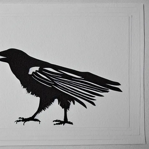 Image similar to crow, bold smooth block print, 4k, black ink on white paper