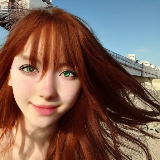 Prompt: Selfie photograph of Cute 3d anime girl, long shiny bronze brown hair, big green eyes, cute freckles, soft smile, golden hour, beach setting, medium shot, mid-shot, trending on Artstation,