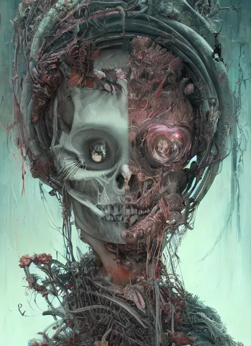 Image similar to Alice goes down the rabbit hole,highly detailed,half skull face,cinematic,8k,by Stanley Artgermm,Tom Bagshaw,Greg Rutkowski,Carne Griffiths, Ayami Kojima, Beksinski, Giger,trending on DeviantArt,hyper detailed,horror, full of colour