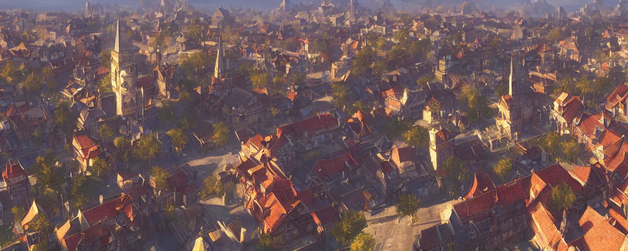 Prompt: aerial view of a city center. pc game. witcher 3 lyria. village. detailed. church. city center. art by moebius and thomas kinkade and greg rutkowski.