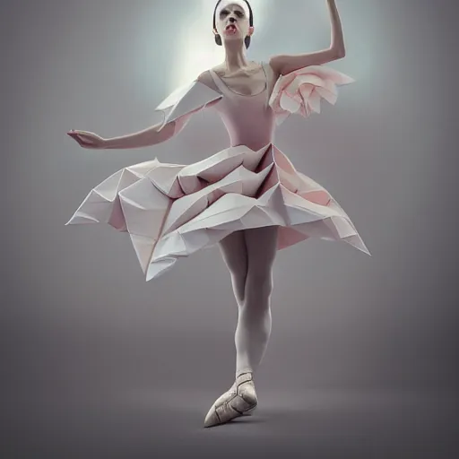 Image similar to 3 / 4 view of a ballerina girl wearing an origami dress, eye - level medium shot, elegant, by eiko ishioka, givenchy, by peter mohrbacher, centered, fresh colors, origami, fashion, detailed illustration, vogue, high depth of field, japanese, reallusion character creator