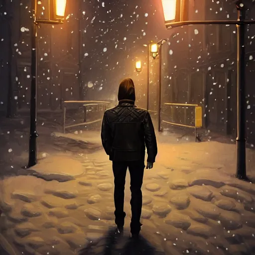 Prompt: by alexander trufanov by artgerm by simon stalenhag tsoi from back pacing lowering head dressed in short leather bomber jacket to empty narrow alley with street lamps in park with pines to the horizon,, with hands in pockets, snowfall at night, mullet long haircut, black hairs, cinematic, dramatic, detailed, realistic, movie shot, low lighting