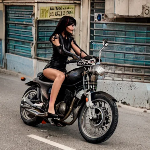 Prompt: sony a 7 s photo of an attractive woman riding a motorcycle in a post apocalyptic tel aviv city