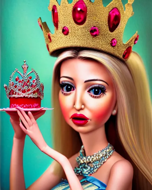 Prompt: closeup profile portrait of a tin toy ivanka trump as a fairytale princess wearing a crown and eating cakes, bikini, hyper realistic, artstation, illustration, nicoletta ceccoli, mark ryden, lostfish, max fleischer, digital paint, matte paint, vivid colors, bright, cheerful, detailed and intricate environment
