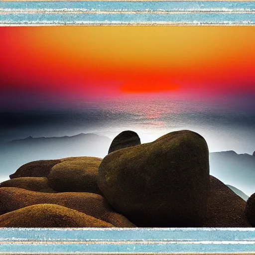 Prompt: surrealism rocky landscapen dar colors, dense fog, red sky, golden sun