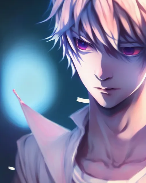 Image similar to extremely attractive soft feminine male jester anime character screenshot, nagito komaeda, anime, intricate, sharp focus, illustration, highly detailed, digital painting, cell shaded, concept art, matte, male art by ilya kuvshinov and kyoto animation and wlop, ruan jia and greg rutkowski, studio quality, masterpiece