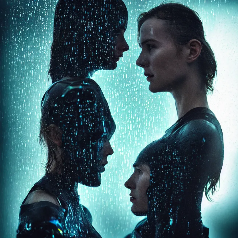 Image similar to cinestill 5 0 d candid photographic portrait by christopher nolan of two loving female androids wearing rugged black mesh techwear in treacherous waters, clear sky with planets, helicopter, medium closeup, modern cyberpunk moody emotional cinematic, pouring iridescent rain bright spotlight, 8 k, hd, high resolution, 3 5 mm, f / 3 2, ultra realistic faces, ex machina