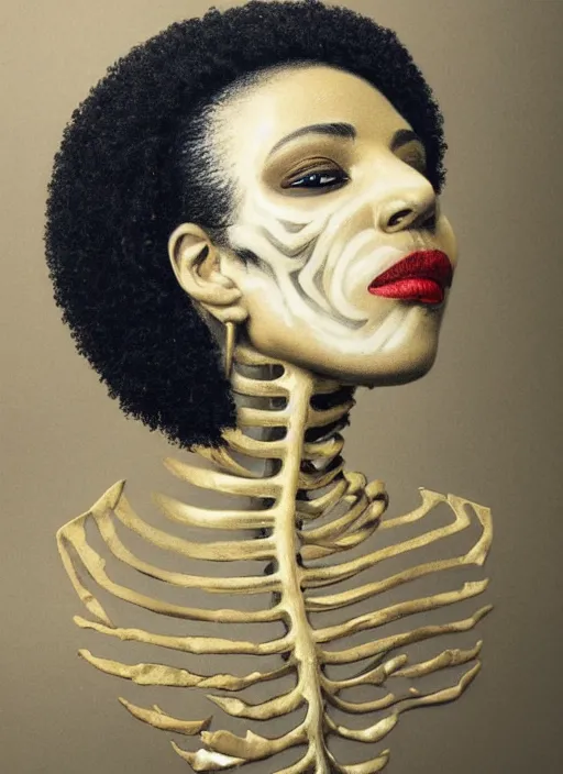 Prompt: a beautiful black woman's face in profile made of gold leaf skeleton, white hair, in the style of the dutch masters, rene magritte and rutkowski, dark and moody, matte, 8 k, hyper detailed, hyper realistic, intricate detail,