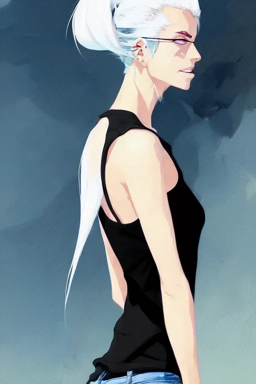 Image similar to a ultradetailed beautiful painting of a stylish woman in with white hair in a ponytail, she is wearing a black tank top and jeans, by conrad roset, greg rutkowski and makoto shinkai trending on artstation