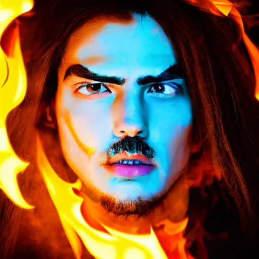 Image similar to male face (image content) + flames (image style)