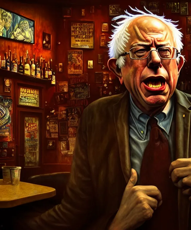 Image similar to hyperrealistic mixed media painting of Bernie Sanders as a crazy drunk, dimly lit dive bar, stunning 3d render inspired art by P. Craig Russell and Barry Windsor-Smith + perfect facial symmetry + dim volumetric lighting, 8k octane beautifully detailed render, post-processing, extremely hyperdetailed, intricate, epic composition, grim yet sparkling atmosphere, cinematic lighting + masterpiece, trending on artstation, very very detailed, masterpiece, stunning