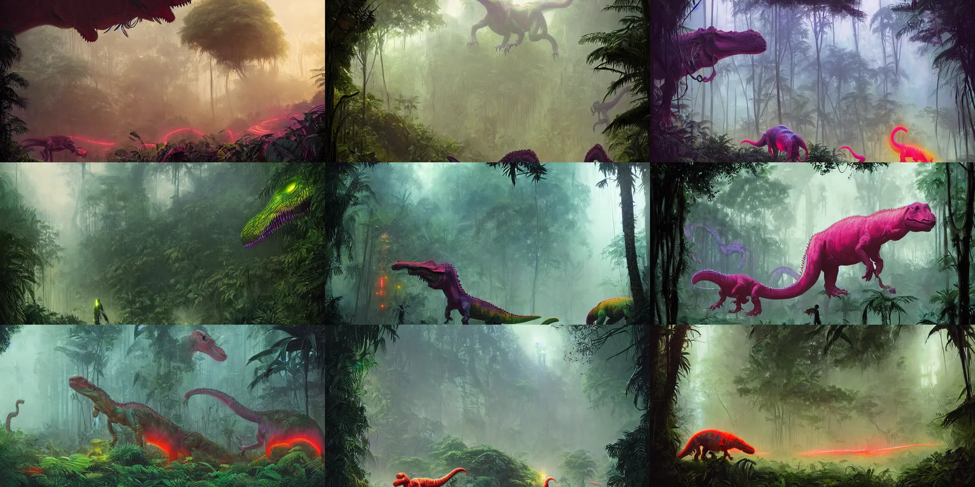 Prompt: neon dinosaur in a foggy jungle by magali villeneuve and greg rutkowski