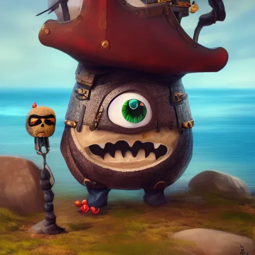 Prompt: A rock with googly eyes is wearing a pirate's outfit, it is the captain of a crew, hyperdetailed, artstation, cgsociety, 8k