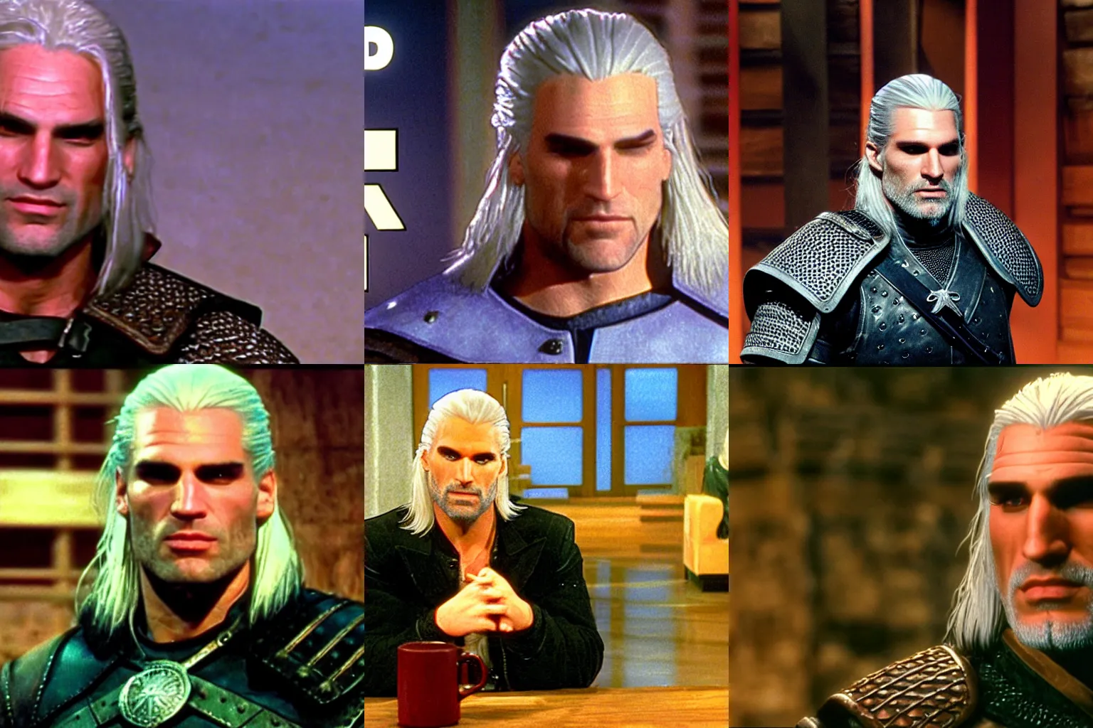 Prompt: Geralt of Rivia appearance on the Tonight Show in 1995, cinematic, wide angle, 80mm, television