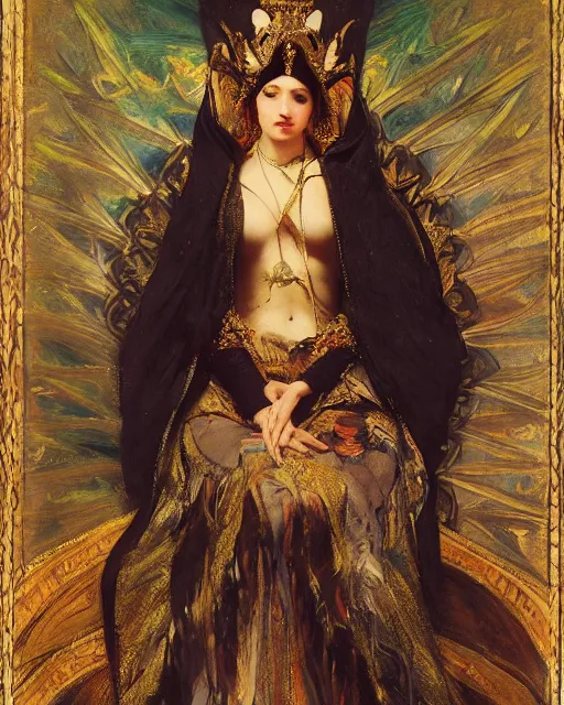 Image similar to an illustration of a queen on a throne at night by frederick arthur bridgman, by georgia o keeffe, by gustave moreau, by bouguereau, realistic, detailed, oil painting, 1 9 th