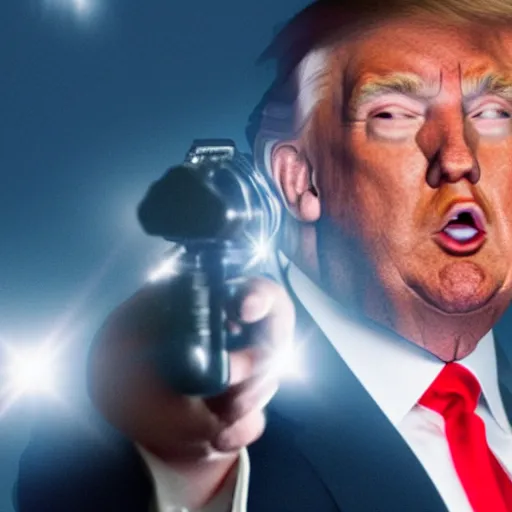 Image similar to a photograph of donald trump with laser eyes pointing a gun at the camera