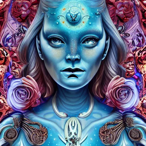 Image similar to blonde girl in a cosmic dress, full-body tattoos, ornate, rococo, grotesque, zbrush art, majestic, organics, silver filigree, colorful, dark fantasy, celtic knot, anatomical, h r giger style, moebius, frank frazetta, ornate, art nouveau, symmetrical, turquoise jewelry, red smoke, roses, unbiased render, rotten, Emil melmoth, eerie, macabre, haunting + insanely detailed and intricate, floral, faded pink, hypermaximalist, elegant, vintage, hyper realistic, super detailed, pastel colors,