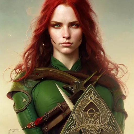 Image similar to Portrait of serious female ranger, D&D, green eyes, face, long red hair, fantasy, intricate, elegant, highly detailed, digital painting, artstation, concept art, smooth, sharp focus, illustration, art by artgerm and greg rutkowski and alphonse mucha