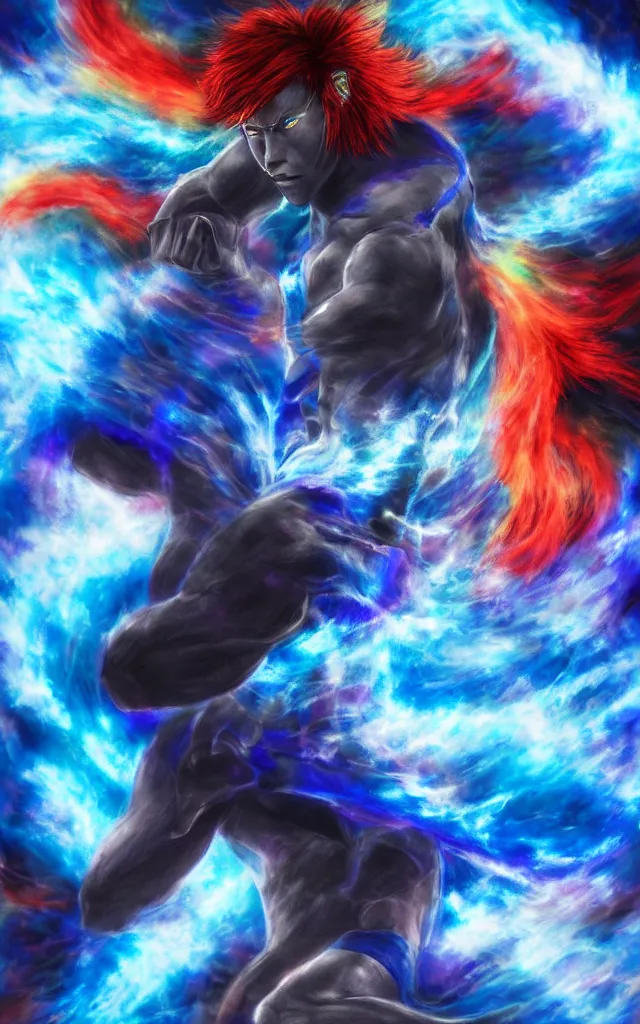 Image similar to a rainbow blue djinn in the style of Tekken blue and white night dramatic airbrushed clouds over black background, airbrush fantasy