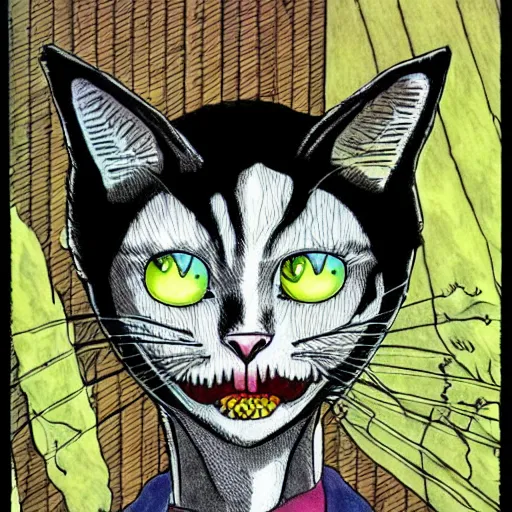 Prompt: a cat by junji ito, colored, realistic, horror