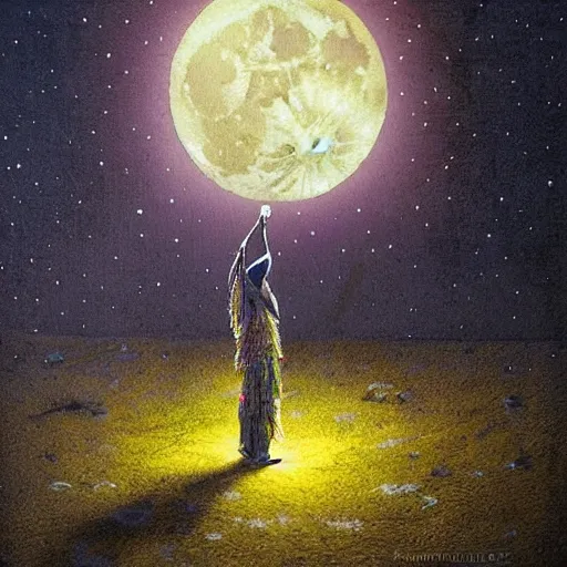 Image similar to a shaman dancing with light, highly detailed moon fills the background, by Christope Vacher