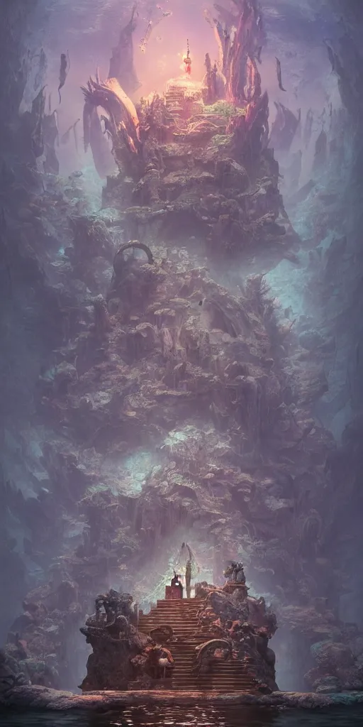 Image similar to Underwater temple, broken statues, magical, mystical atmosphere, Monster Hunter Illustrations art book, Moebius, Greg Rutkowski, Zabrocki, Karlkka, Jayison Devadas, Phuoc Quan, trending on Artstation, 8K, ultra wide angle, zenith view, pincushion lens effect.