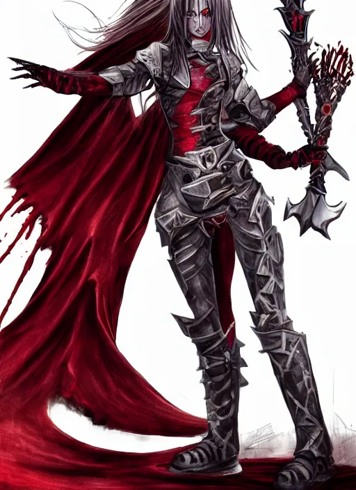 Prompt: female vampire knight, flying, barefoot, black plate armor, realistic armor, monstrous mask, giant two - handed sword dripping blood, red wings, grinning, barefeet, detailed, reasonable fantasy.