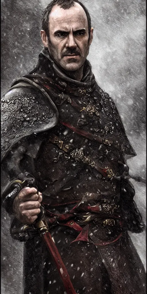 Image similar to stannis baratheon, artstation, high detail, dramatic lighting, heavy rain