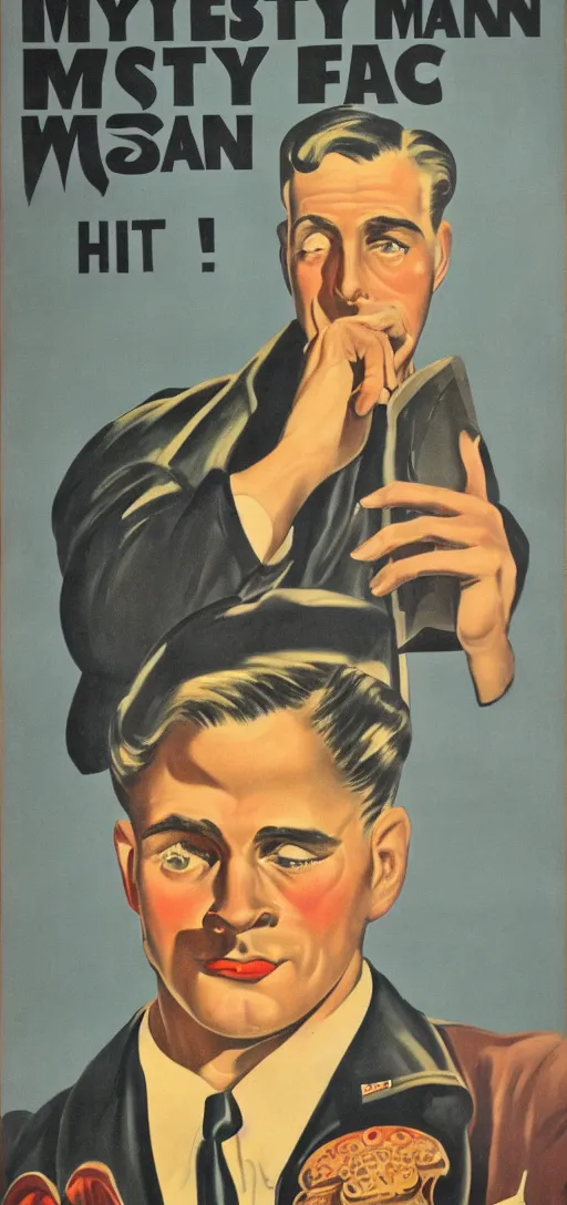Image similar to portrait mistery man, 1940s propaganda poster, full hd,highly detailed