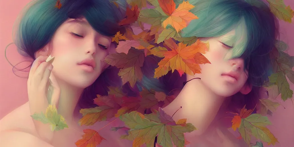 Image similar to highly detailed pastel colors of an ethereal moroccan beauty blowing a birthday candle, morphing into autumn leaves, by artgerm and hsiao - ron cheng, smooth composition, fine patterns and detail