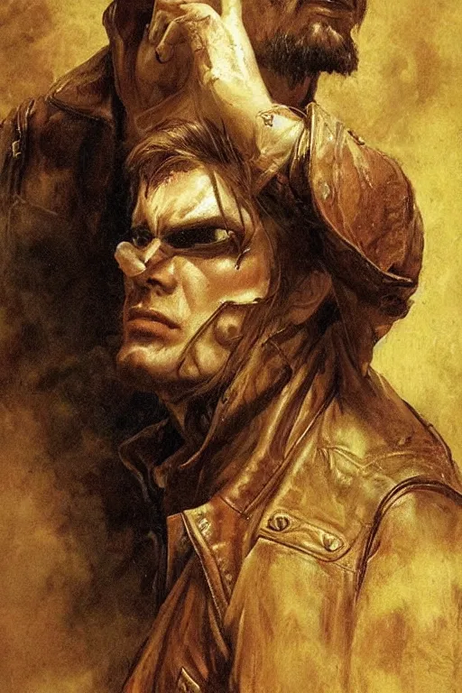 Image similar to a thirty - five year old contract killer named cobalt. he wears a brown leather jacket. he has a burn scar up the side of his face. art by gaston bussiere.