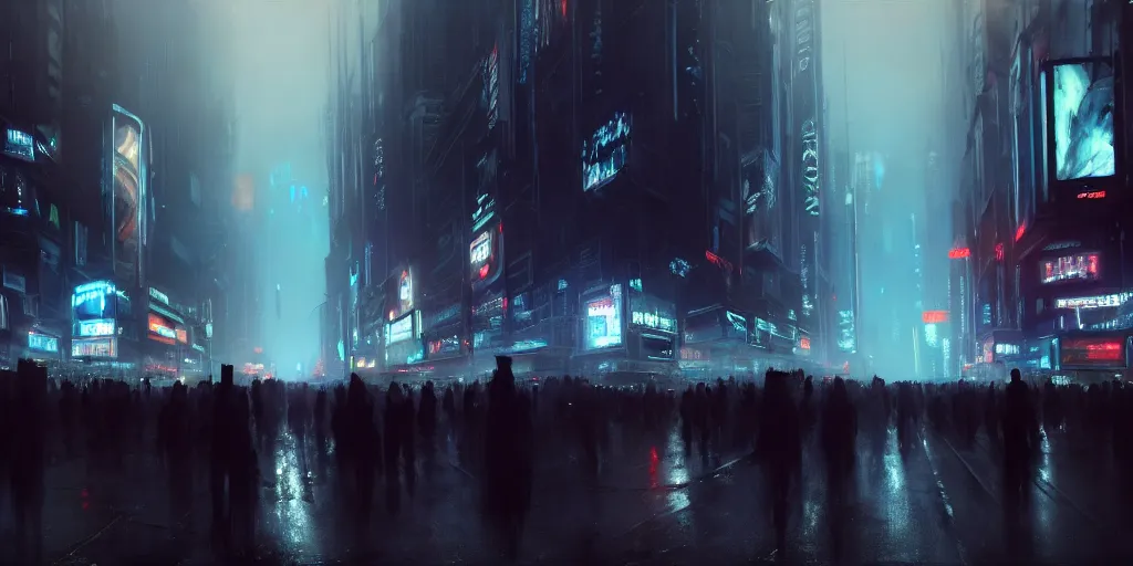 Image similar to beautiful painting by jeremy mann, large crowd in a cyberpunk street, still from tron legacy movie, desaturated, oil painting, perfect composition, detailed octane render trending on artstation, volumetric fog, ominous, unsettling, 8 k artistic photography, volumetric cinematic perfect light