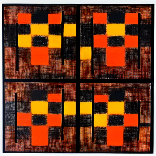 Prompt: an abstract painting of symmetric squares, circles and triangles in black, orange and yellow, inspired by piet mondrian