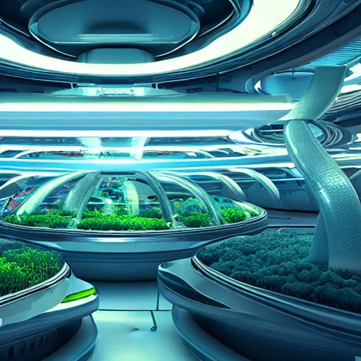 Prompt: lush hydroponics bay onboard massive starship, arthur clarke, sci - fi, digital art, sharp focus, concept art, cyberpunk, octane render