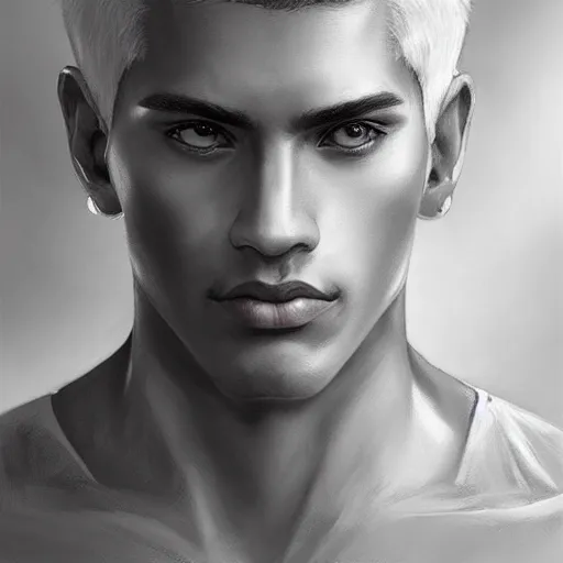 Image similar to ultra realistic illustration, young man with dark gray skin, short white hair, intricate, with dark clothes, elegant, highly detailed, digital painting, artstation, concept art, smooth, sharp focus, illustration, art by artgerm and greg rutkowski and alphonse mucha