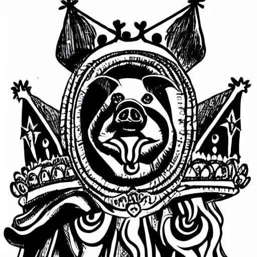 Image similar to pig wearing crown, anime style art, black and white, 30mm