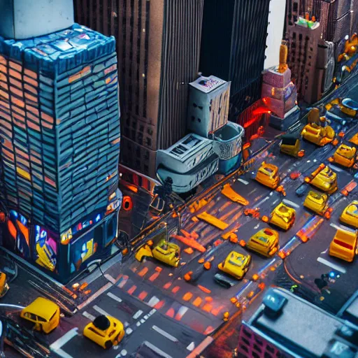 Image similar to new york fused with plastic toys!!!!, amazing details, atmospheric, 4 k, aesthetic octane render, street view, warm hue's