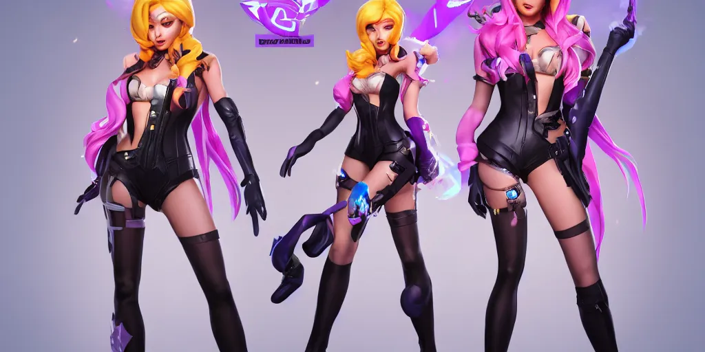 Image similar to character sheet of beautiful KDA More Miss Fortune (wild rift). 3d render, octane render, k-pop, music video, game art, realistic, highly detailed, trending on artstation, 4k, trending on artstation, pixar, cgsociety, unreal engine 5, redshift render, trending on artstation, blender, behance, cg