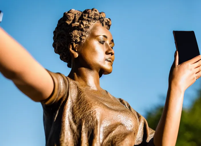 Image similar to photo still of a bronze statue of a woman using an iphone to take a selfie in a park on a bright sunny day, 8 k 8 5 mm f 1 6