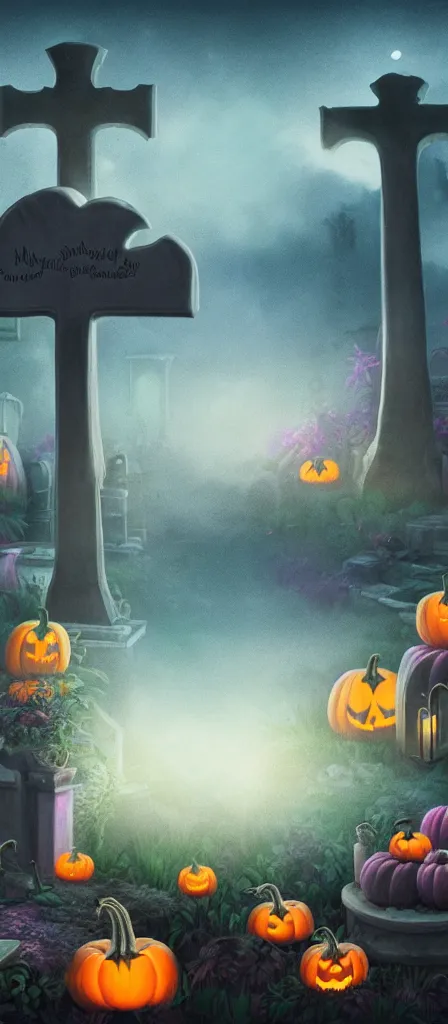 Image similar to a detailed matte painting of a muted skullwave vaporwave ombre. a small creepy garden at night with cross - shaped tombstone and pumpkins.