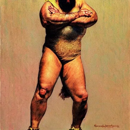 Image similar to upper body portrait of wrestler giant haystacks, by norman rockwell and boris vallejo