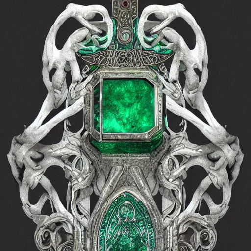 Image similar to an ancient white bone and emerald gemstone relic, intricate engraving, concept art style