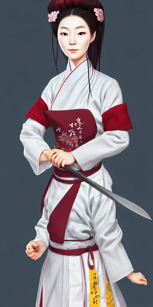 Prompt: character concept of a south korean female chef, wearing a beautiful hanbok inspired apron, holding magical kitchen knives, by kan liu and loish, high resolution, fantasy coloring, intricate, artstation, smooth, sharp focus