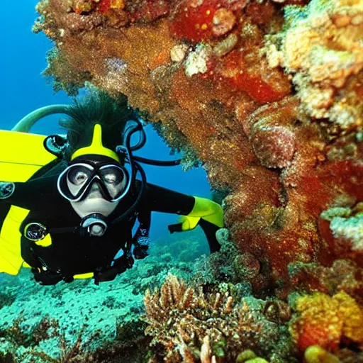 Prompt: a scubadiver riding an underwater worm