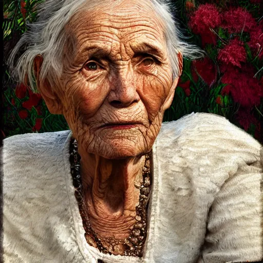 Image similar to portrait painting of the oldest person ever, garden, photorealistic, extreme detail, sharp focus, 8 k, intricate, hyper detailed, realistic, cinematic lighting