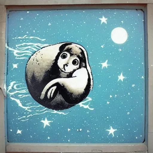 Prompt: “baby harp seals astronauts floating in space, street art by Banksy”